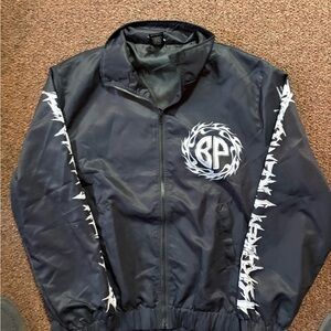 BP Men's Black Windbreaker Biker Jacket with White Patterns